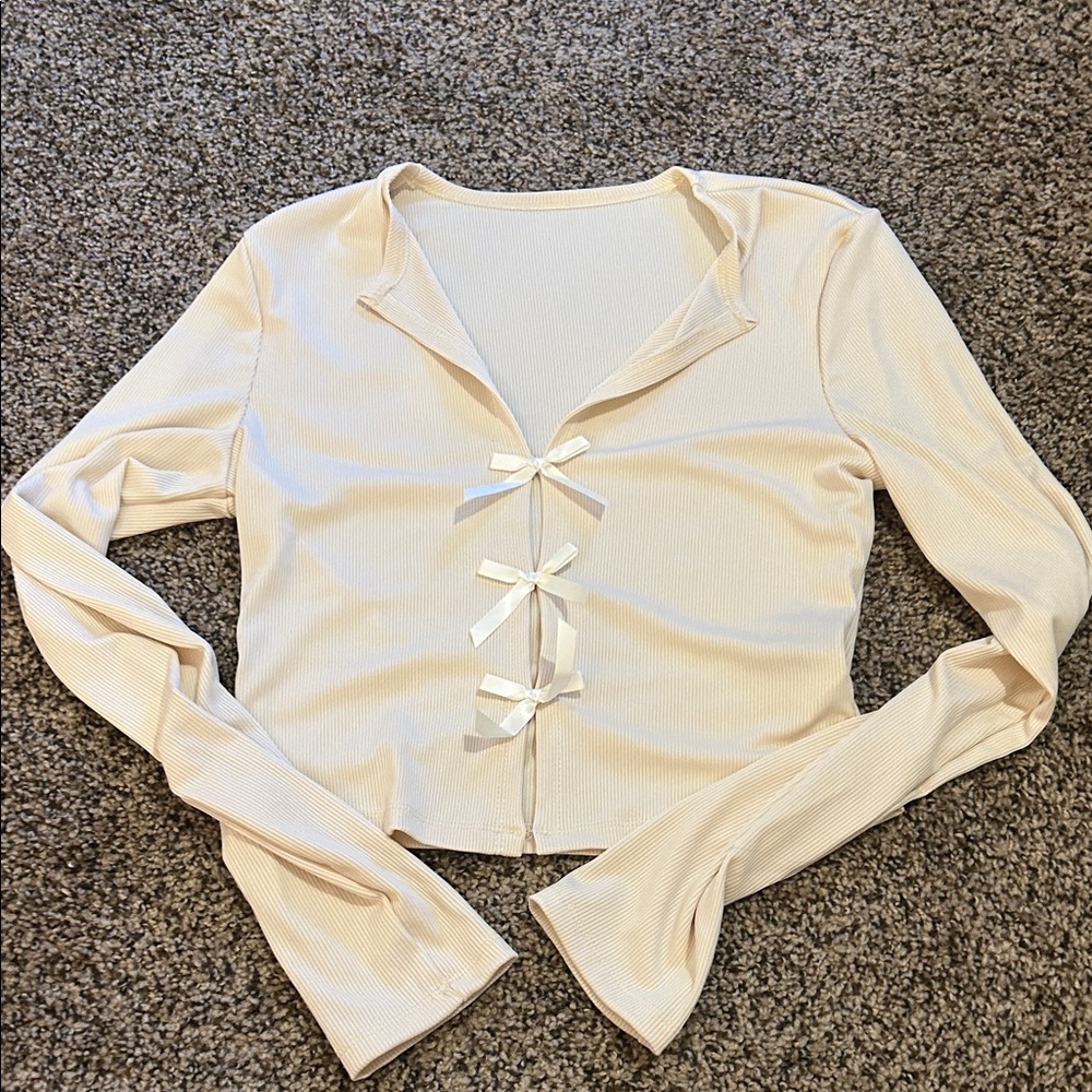 Cream Ribbed Long-Sleeve Bow Top